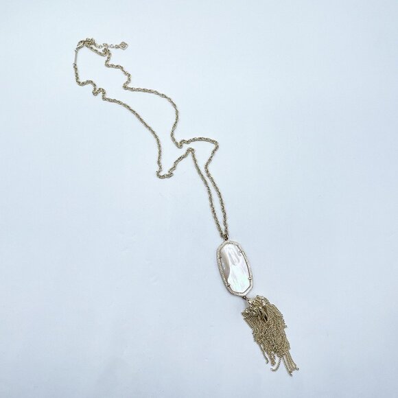 Kendra Scott Gold Long Necklace Mother-Of-Pearl Pendant & Tassel Chain - Picture 1 of 6